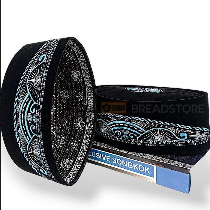 Sale Peci Songkok Kopiah Hitam Motif Batik Bordir Biru Tosca Premium Murah