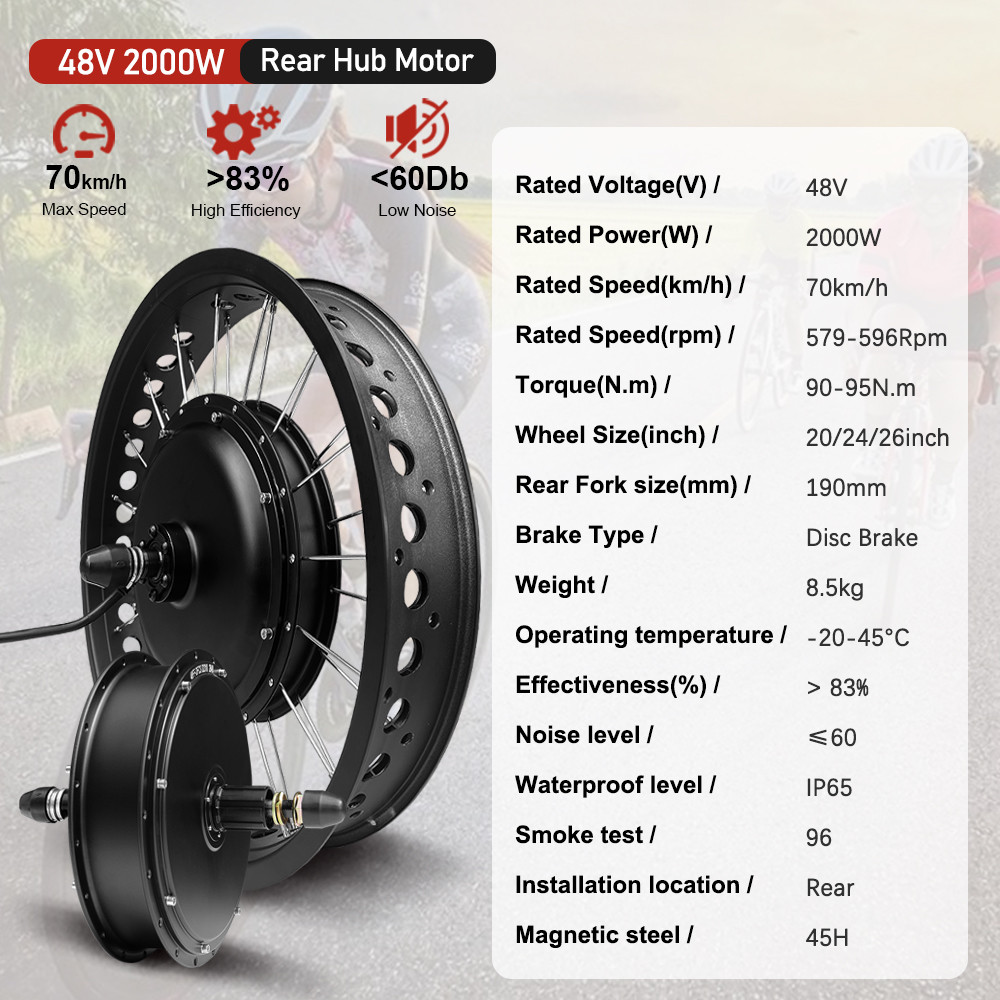 48V2000W Electric Fat Bike Motor Kit 4.0Tyre Rear Dropout 190mm Brushless Non-gear Hub Motor Wheel
