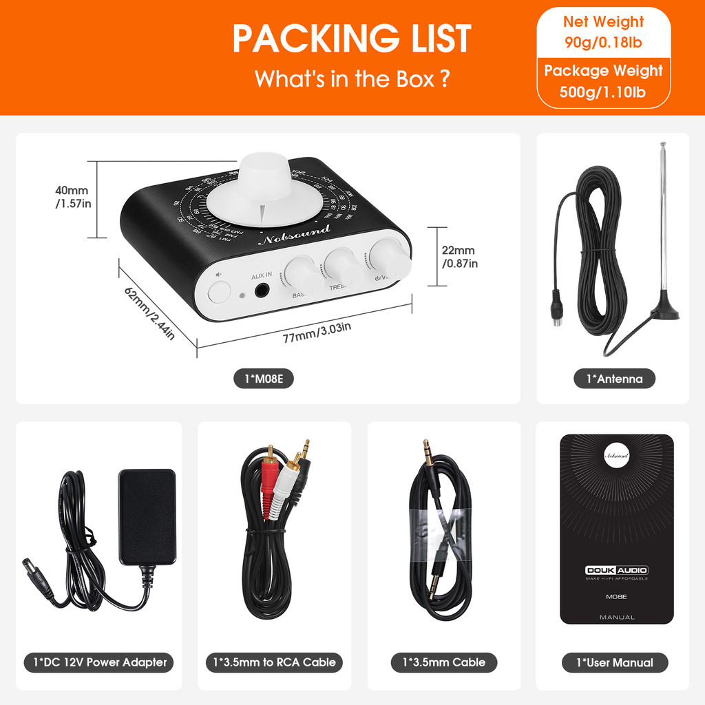Douk Audio M08E Mini FM Radio Tuner 64-108MHz Stereo Receiver Preamp Headphone Amplifier with Treble