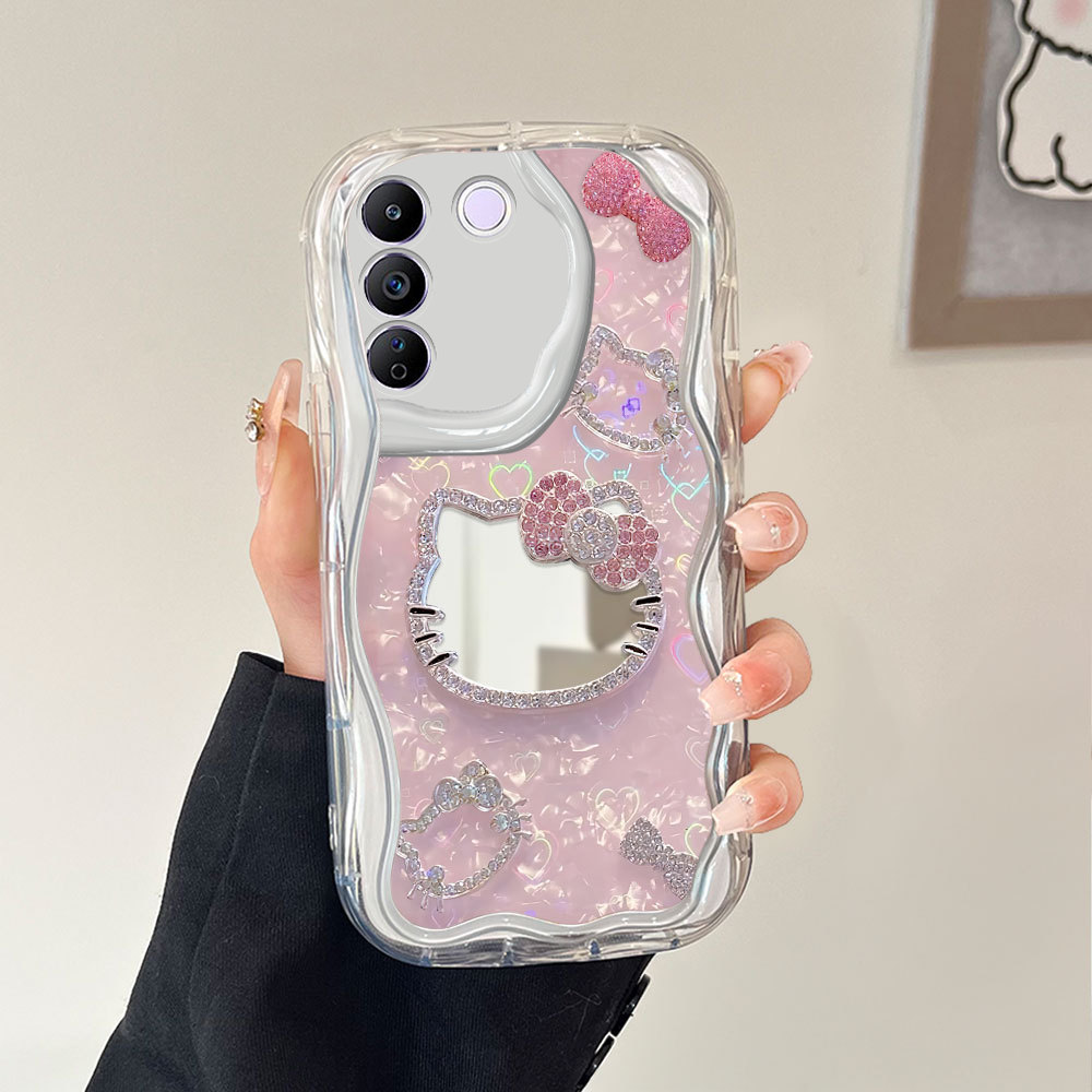 Phone Case Fashion Cermin Pink Diamond Heart Mirror Cover For VIVO V27E Untuk Casing Hp Softcase Fan