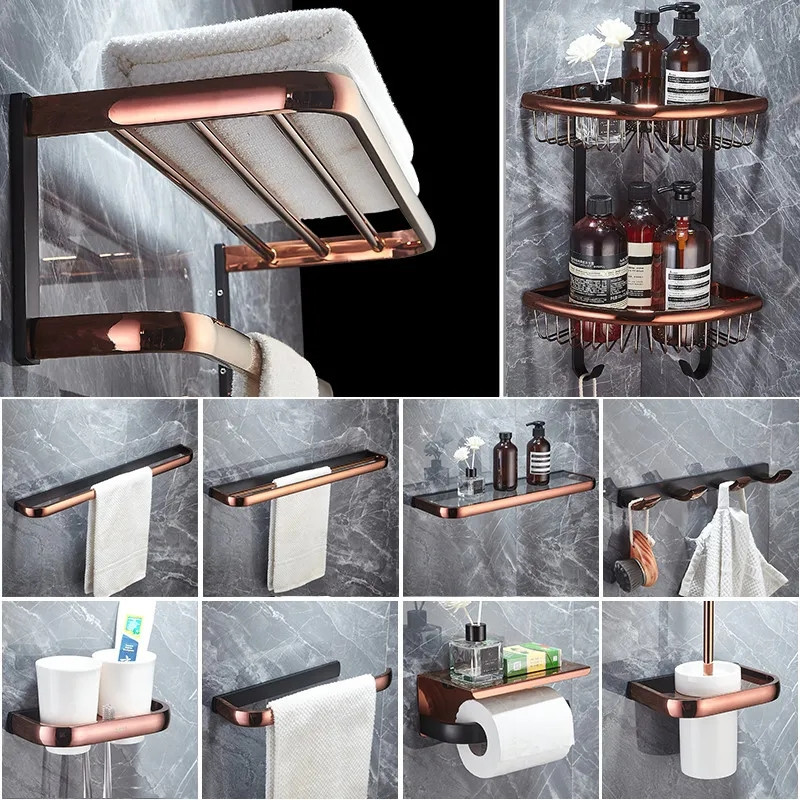 Rak Handuk Hitam Emas Mawar, Rak Kamar Mandi, Tempat Kertas, Tempat Handuk, Tempat Sikat Toilet Akse