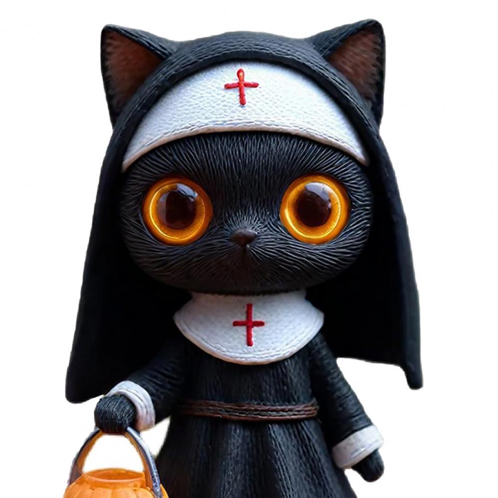 Halloween Nun Cat Statue Black Cat Figurine with Pumpkin Bucket Gothic Witchy Decor Fantasy