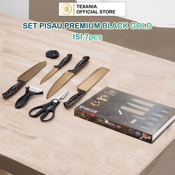 TEXANIA Set Pisau Premium Stainless Steel isi 7pcs Warna Gold Kitchenware Knife