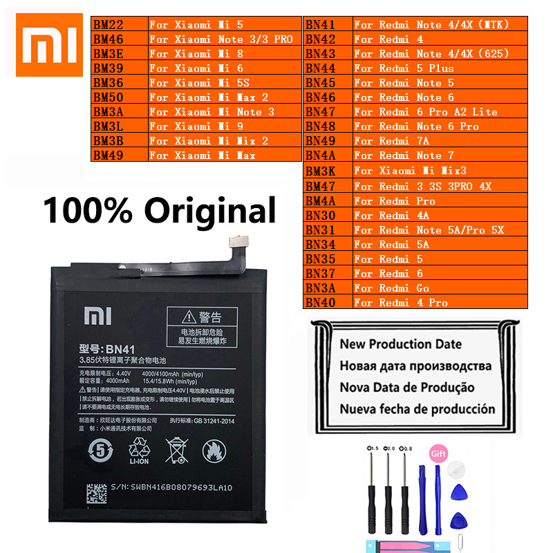 XiaoMi Phone Battery  Mi Max Note 2 3 3S 4 4A 4X 5 5A 5S 5X 6 6 7 7A 8 9 Go Pro Plus A2 Lite BN41 BN