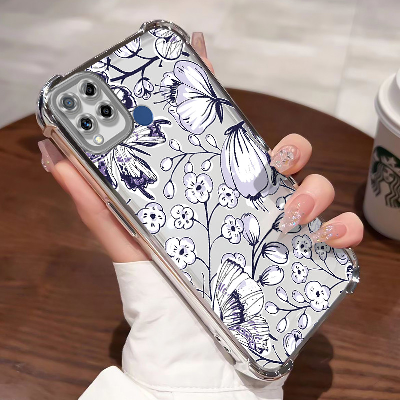 Casing Hp Untuk Realme C15 Case Lukisan tinta bunga persik Kasing Shock-Proof Cesing Airbag Kesing A