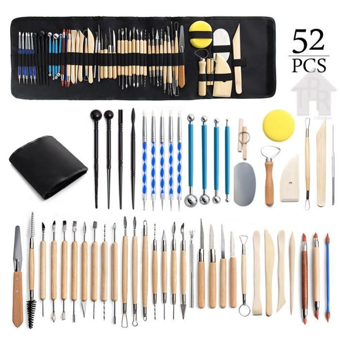 Butsir Alat Ukir Pottery Tool Modelling Tools 52Pcs Kemasan Dompet Kayu Pilihan & Stainless Steel