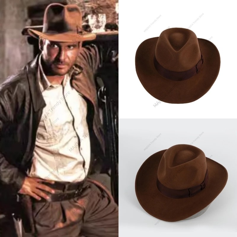 Men's Brown Wool Felt Fedora Wide Brim Outback Hat with Ribbon Band Western Cowboy Indiana Jones