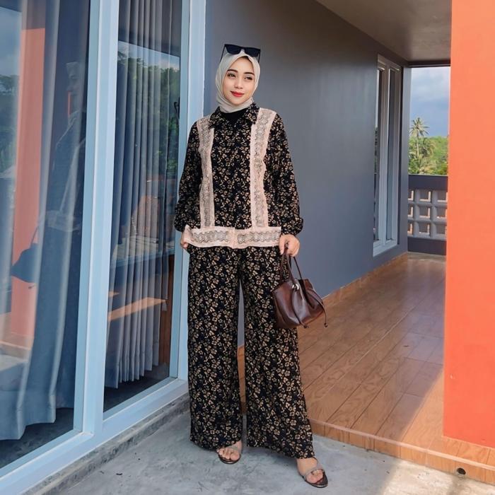 Set Kemeja Motif Renda Bordir Celana Kulot Katun Rayon Viscose