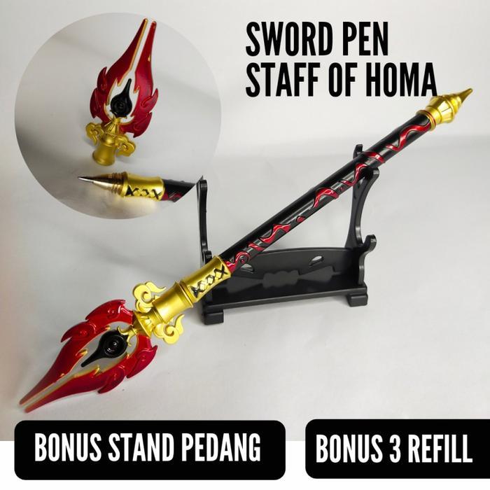 Pulpen keren Genshin Impact Staff of Homa swordpen hitam merah pena alat tulis koleksi gratis stand