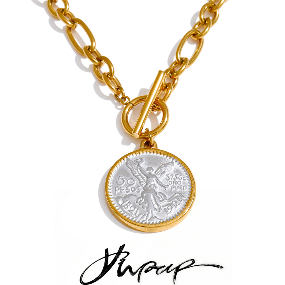 Yhpup Round Double Sided Angel Pendant Drop Necklace Stainless Steel Golden Chain Toggle-Clasps