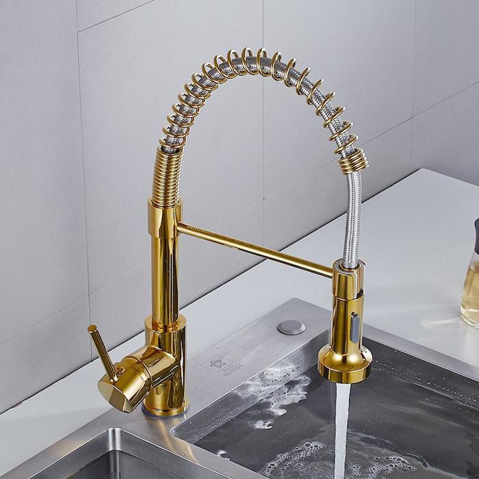 Kran Sink Tarik Panas Dingin Kuningan Gold-Keran Air Cuci Piring Dapur