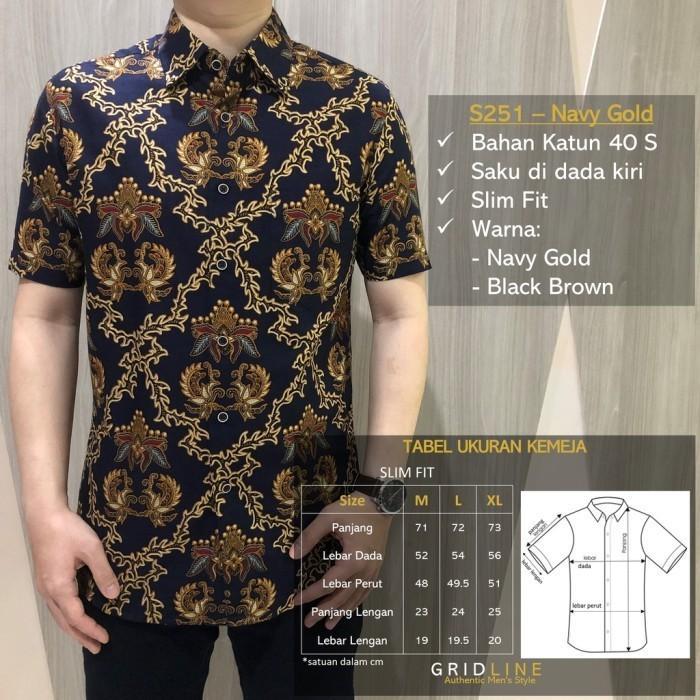 [GRIDLINE - S251 Navy Gold & Black Brown] Kemeja Batik Pria Slimfit