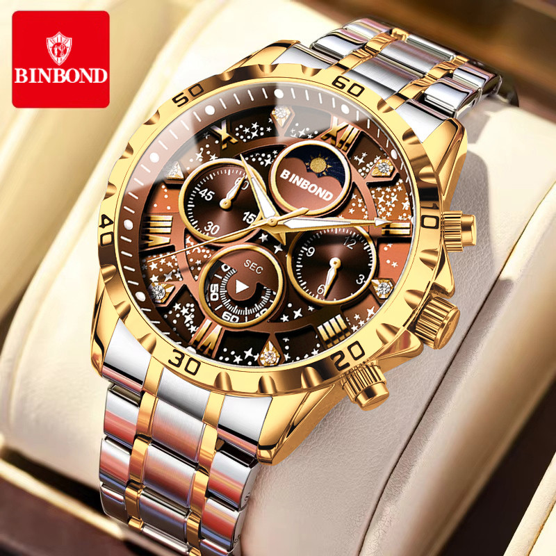 BINBOND Luxury Fashion Men Watches Multi-functional Stainless Steel Original Quartz Wristwatch Moon