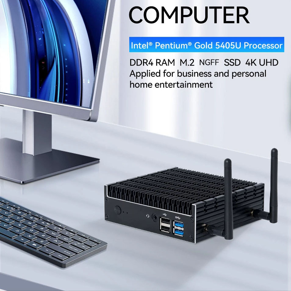 Fanless Industrial MINI PC Computer Intel Pentium 5405U DDR4 M.2 NGFF SSD 4K UHD WiFi Bluetooth WInd