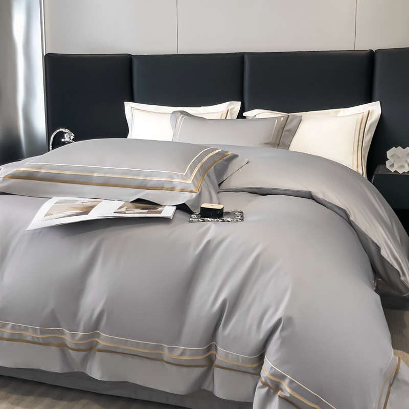 Hotel Style Bedding Set Luxury Golden Embroidery Det Cover Grey Egyptian Cotton Bed Sheets
