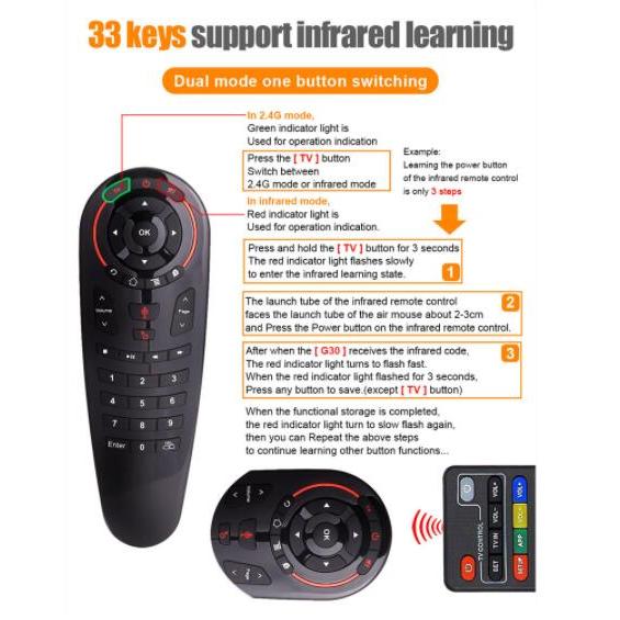 G30s Remote control 2.4G Wireless Voice Air Mouse 33 keys IR learning Gyro Sensing Smart remote for