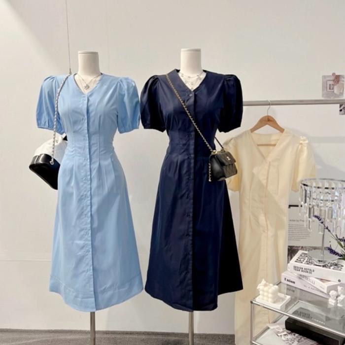 Amanda Korean Dress V-Neck // Midi Dress Korea // Dress Korset // Dress Tali // Dress Casual V-Neck