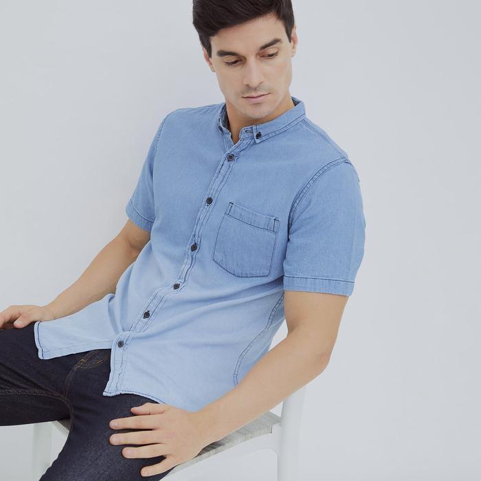 HILLBOSS Kemeja Jeans Lengan Pendek Pria Biru Jamie - Casual Denim Shirt Two Tone Light Blue - DS004