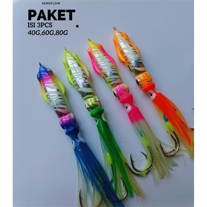 Aeroflow Metal Jig Cumi Glow Assist Hook Umpan Jigging Laut Malam Hari Nyala Dalam Gelap Paket 3PCS