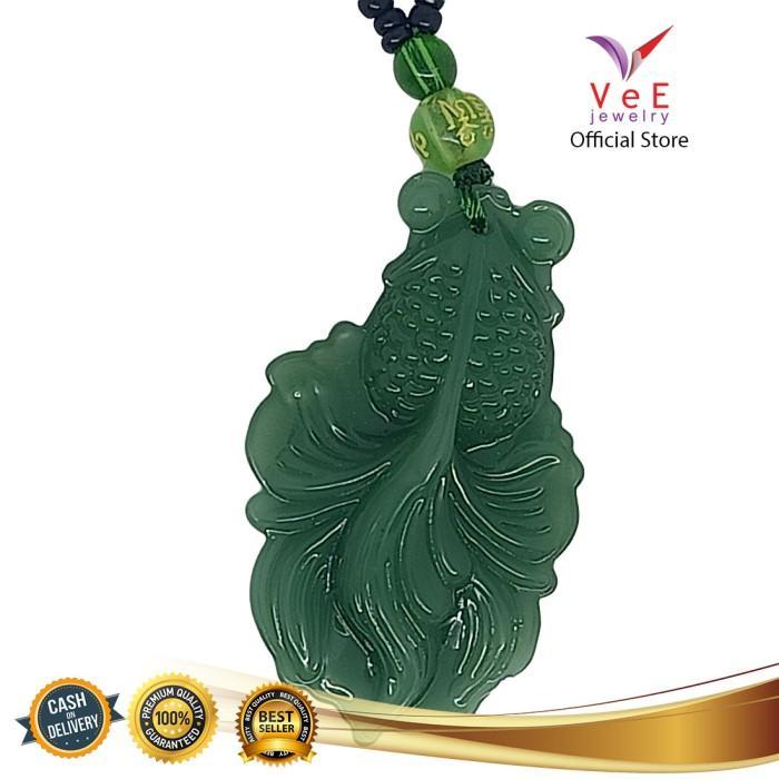 SALE Kalung Liontin Batu Giok Asli Cina Ukiran Ikan Hijau Tua - VeE Wanita