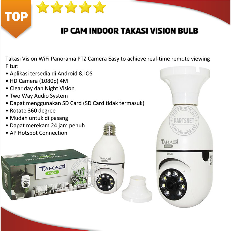 Smart Indoor PTZ IP Camera Wifi Panorama TAKASI VISION BULB CCTV Wifi