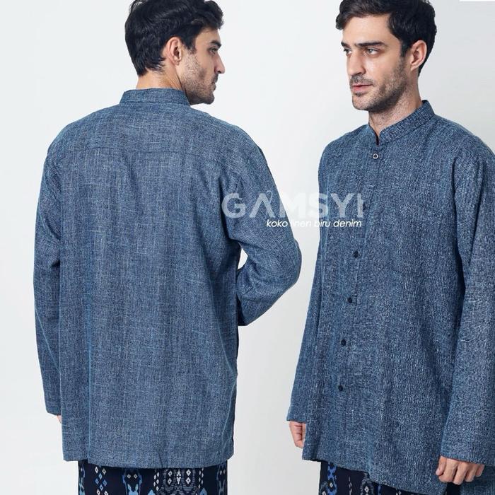 Baju Koko Linen Polos Habaib Kerah Samghai/ Koko Gamsyi Lengan Panjang Putih Muslim Pria Casual