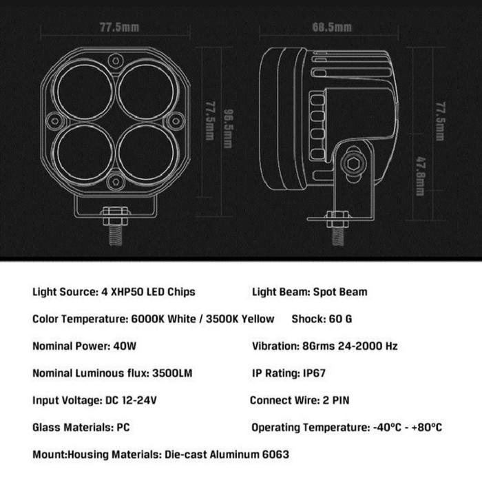Lampu Tembak Worklight 4 Mata Led 40W Putih/Kuning