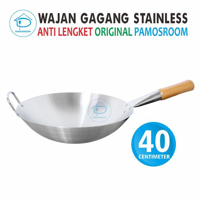 Pamosroom Wajan Gagang Kayu Stainless Tahan Panas Penggorengan 40cm