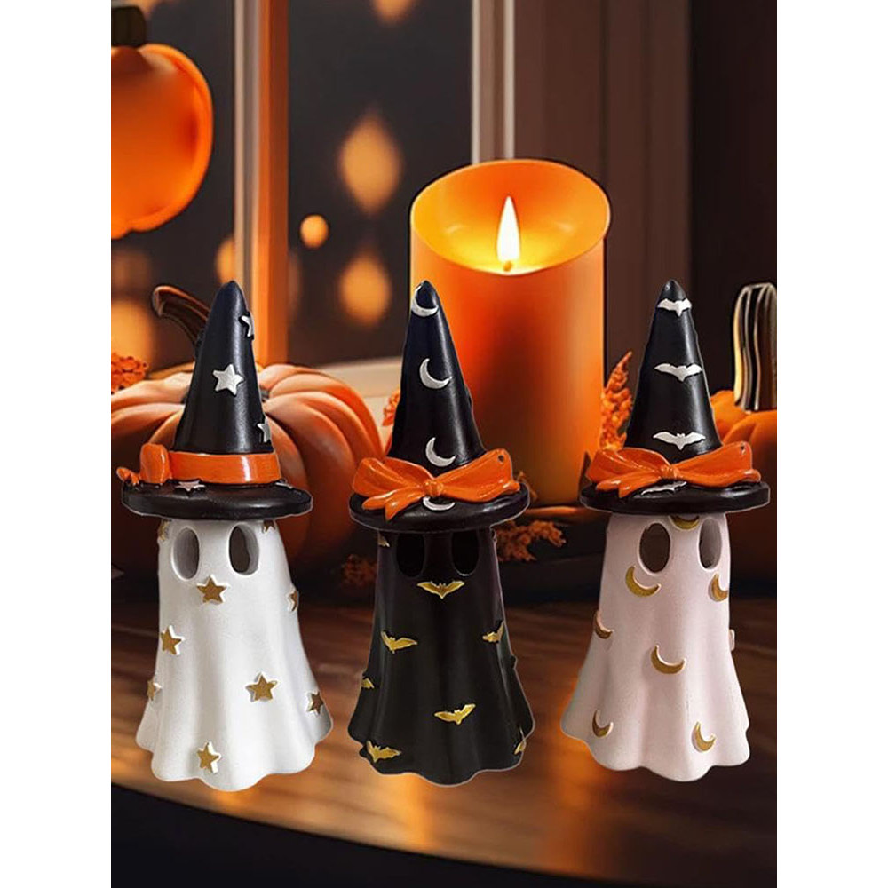 Halloween Resin Cute Ghost Statue Spooky Ghost Sculpture Statue Witch Hat Miniature Figurine for