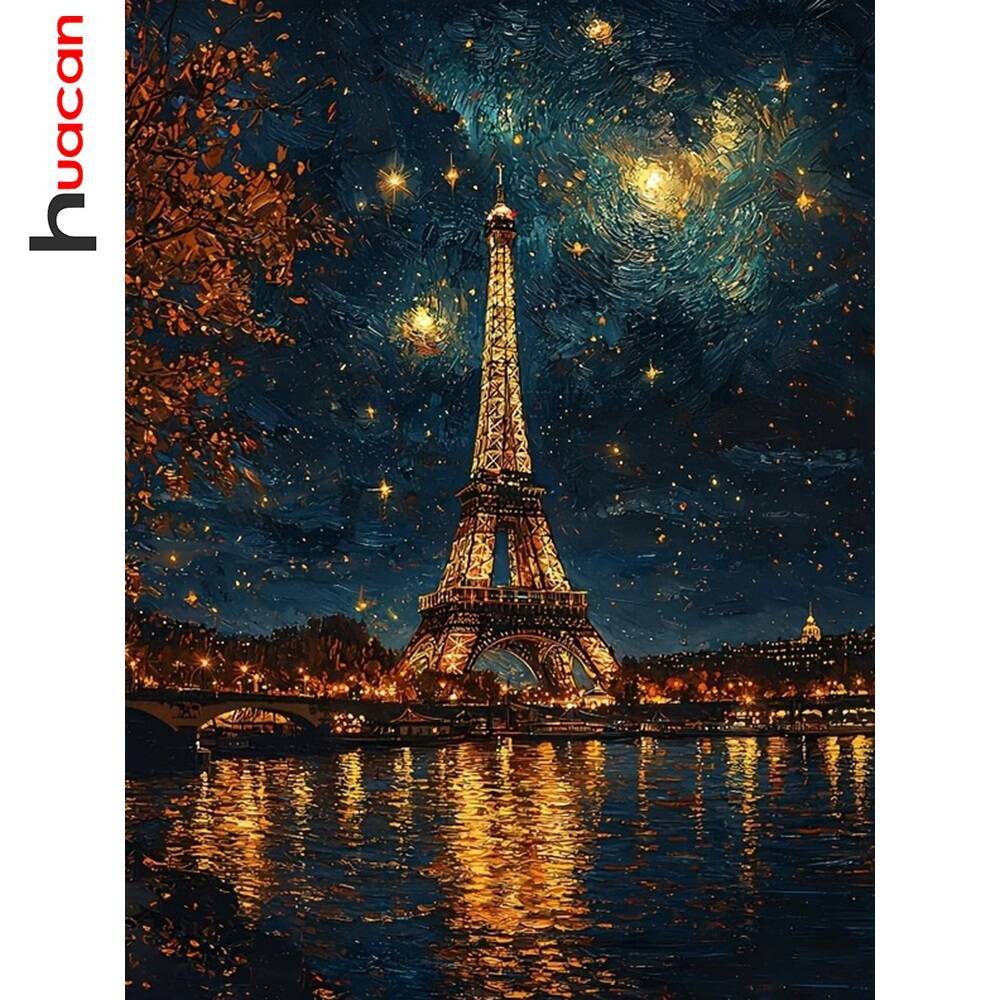 Huacan Full Round Diamond Mosaic Iron Tower Small Rr Stars Landscape Diamond Painting Kits Wall
