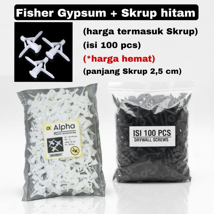 SALE fisher gypsum + skrup hitam 6 x 1" (2,5 cm) Tajam & Kuat (isi 100 pcs) -harga per pack TERMURAH