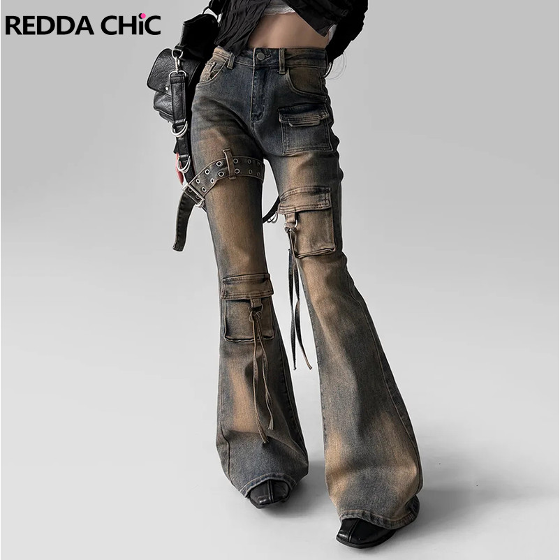 Reddachic Women Low Waist Cargo Flare Jeans Y2K Vintage Distressed Belted Fitted Bootcut Pants Bell