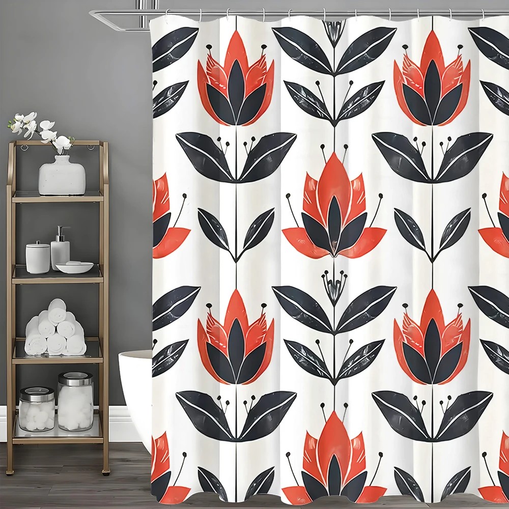 Floral Black Red Shower Curtain, Bathroom Decorative Shower Curtain, Waterproof Shower Curtain with