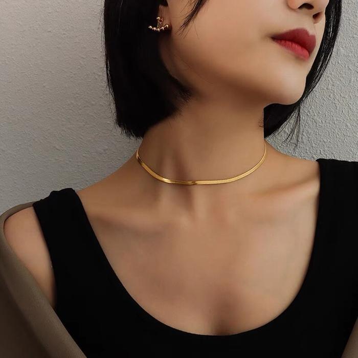 Gold Blade chain Choker Necklace /Women Flat Snake Necklace /Gold Silver Color Flat Herringbone