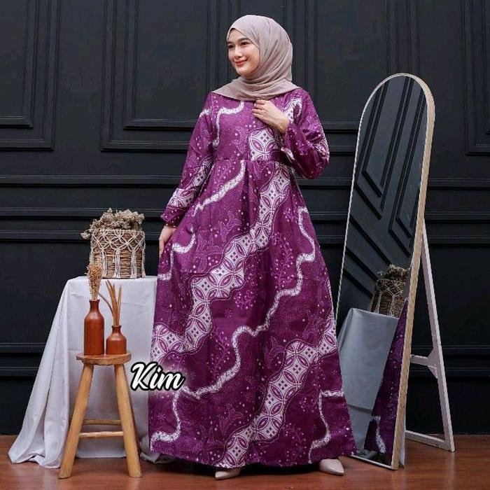 Baju Gamis Batik Wanita Terbaru Kombinasi Polos Jumbo Modern Dewasa Dress Katun Motif Panjang Bali