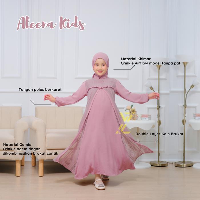 Gamis Anak Aleena Kids / Gamis Crinkle Airflow Mix Brukat Set Jilbab / Gamis Brokat Malika Mewah