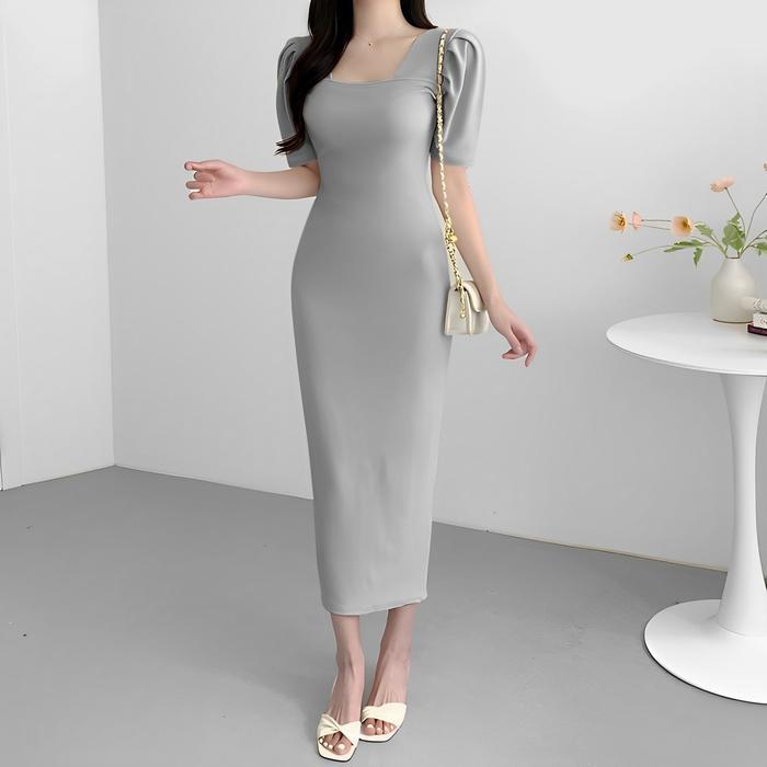 Zero Rajut Store - Dress Rajut Casual Bodycon Long Dress Square neck Lengan Pendek #4402