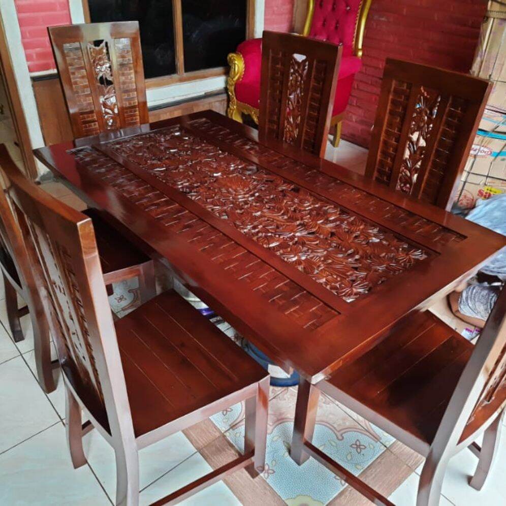 Meja makan 6 kursi motif anyaman jati dan kaca