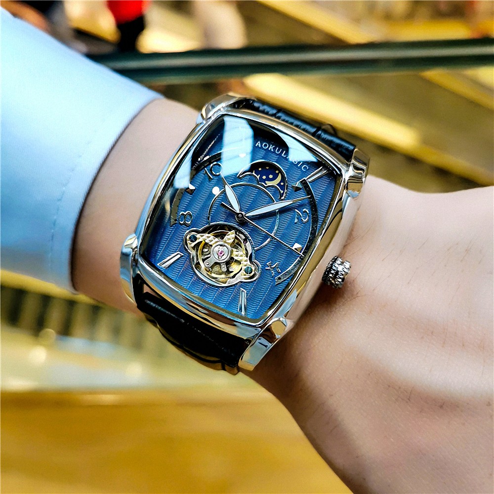 Tonneau Moon Phase Automatic Watch for Men Luxury Brand Tourbillon Skeleton Mechanical Watches