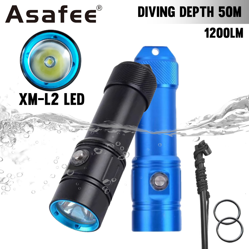 Asafee 50M Underwater Diving Flashlight L2 LED 1200LM SOS Light Battery Display Torch IPX8