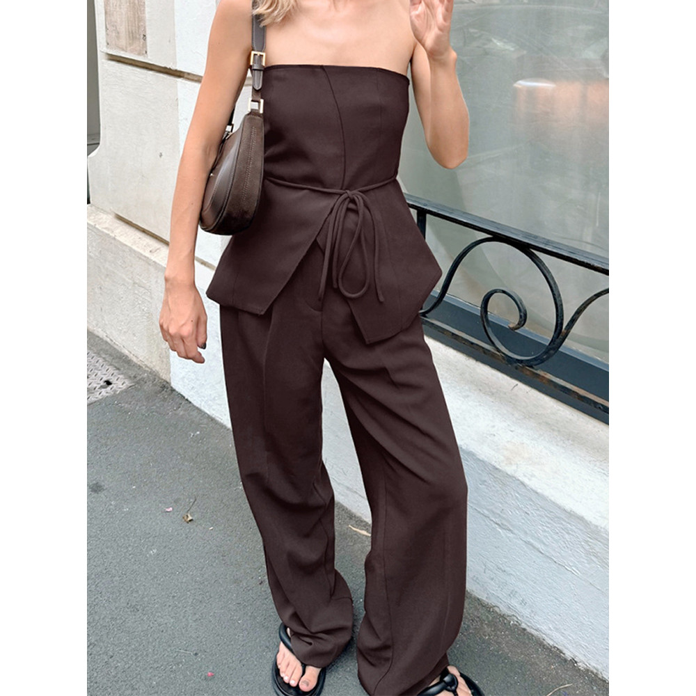 Women Pant Sets Backless Stra Sleeveless Lace Up Top Loose Wide Leg Pants Suit Female 2025 Summer