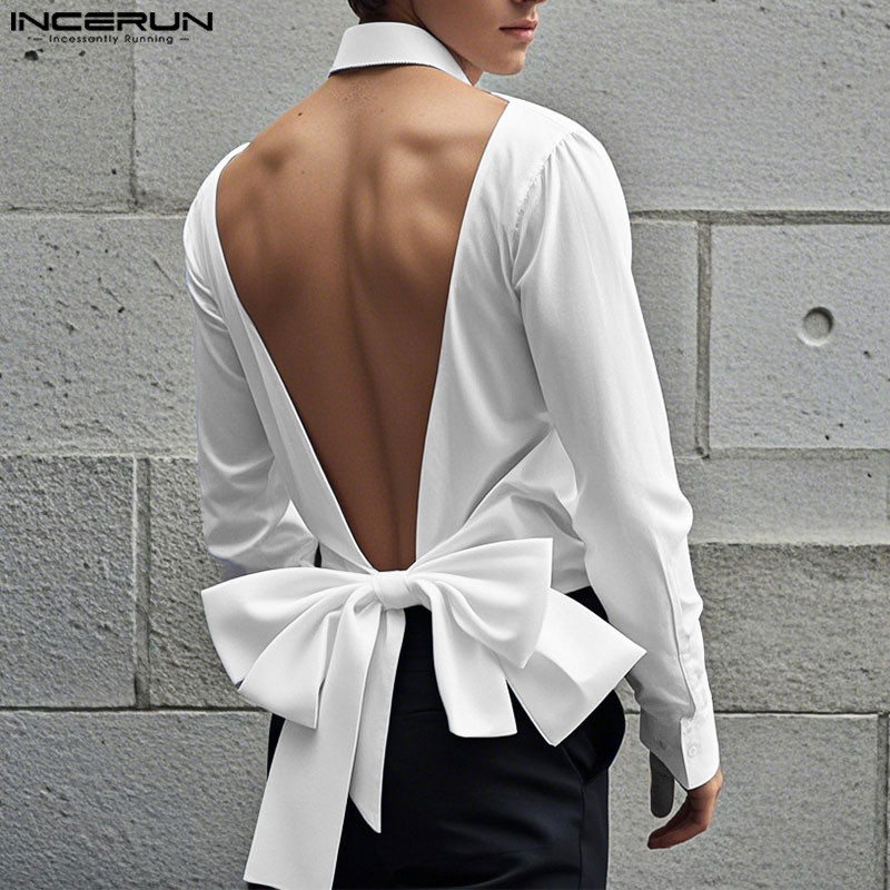 Fashion Style To Incerun Men Bowknot Condensation Back Shirts Casual Streetwear Male Solid Long