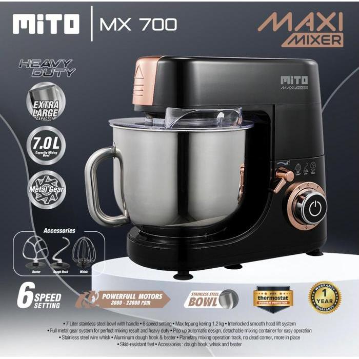 STAND MIXER MITO 7 LITER MX700 / MX-700 STAINLESS BOWL MIXER PENGADUK ADONAN GARANSI RESMI - BLACK