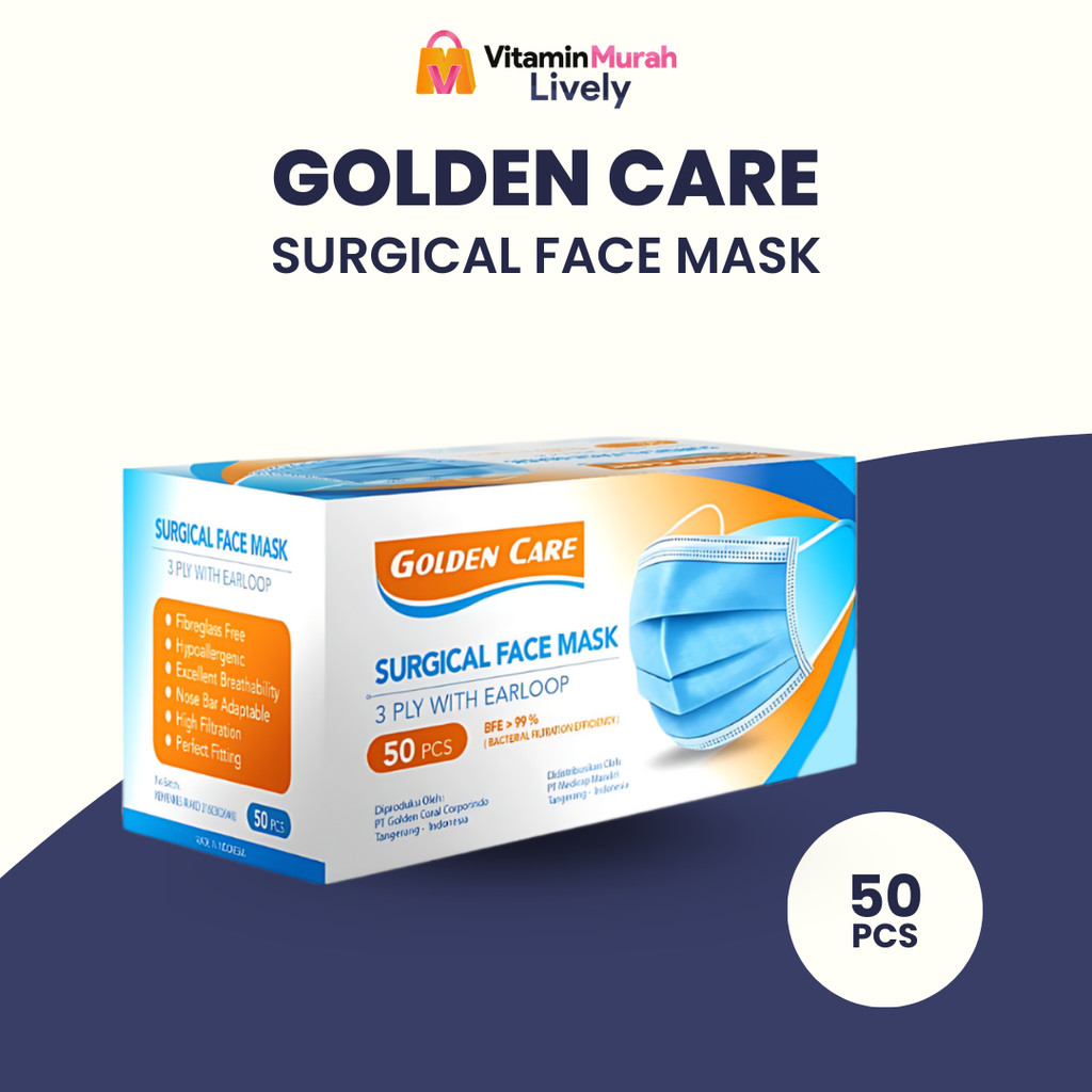 MASKER GOLDEN CARE 3 PLY WITH EARLOOP BFE 99 % 1 BOX ISI 50 PCS