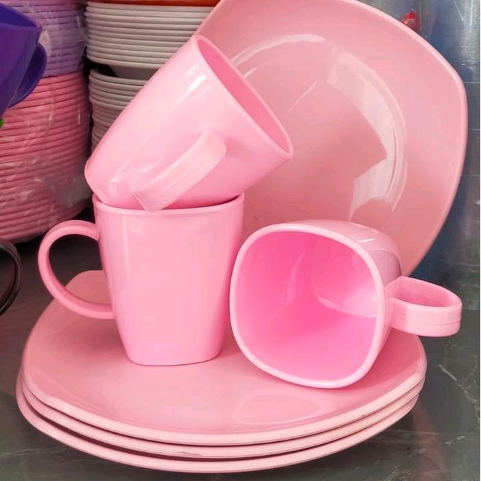 Alat Makan Promo 6Pcs Peralatan Makan 1 Set Piring Dan Gelas Bahan Melamin Rounded Uni Pink