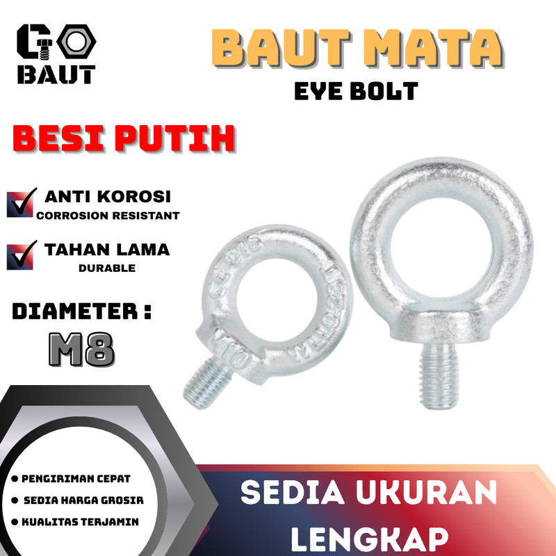 Eye Bolt / Baut Mata Baut / Lifting Eye Bolt Besi (Putih) M8