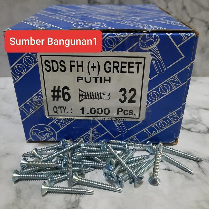 Sekrup Sds Fh Greet 6 X 32 Skrup Grc Putih Calciboard 32Mm Roofing Bor
