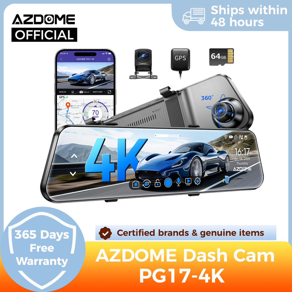 AZDOME PG17 12" 4K Mirror Dash Cam with GPS Wi-Fi 6 Night Vision Rear View Mirror Voice Control Dash