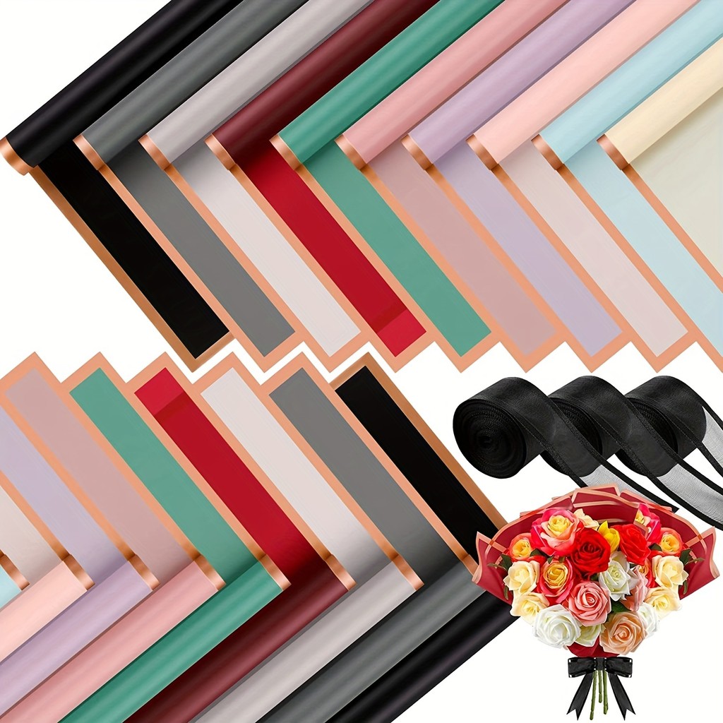 60 PCS Solid Color Border Flower Wrapping Paper, Waterproof Translucent Bouquet Wrapping Paper,