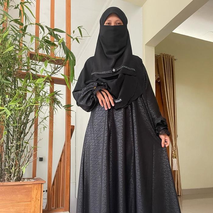 Baju Gamis Syari Abayaa Embos Khas Temboro Wanita Hitam - Mewah Muslim Tangan Karet Nyaman Wudhu